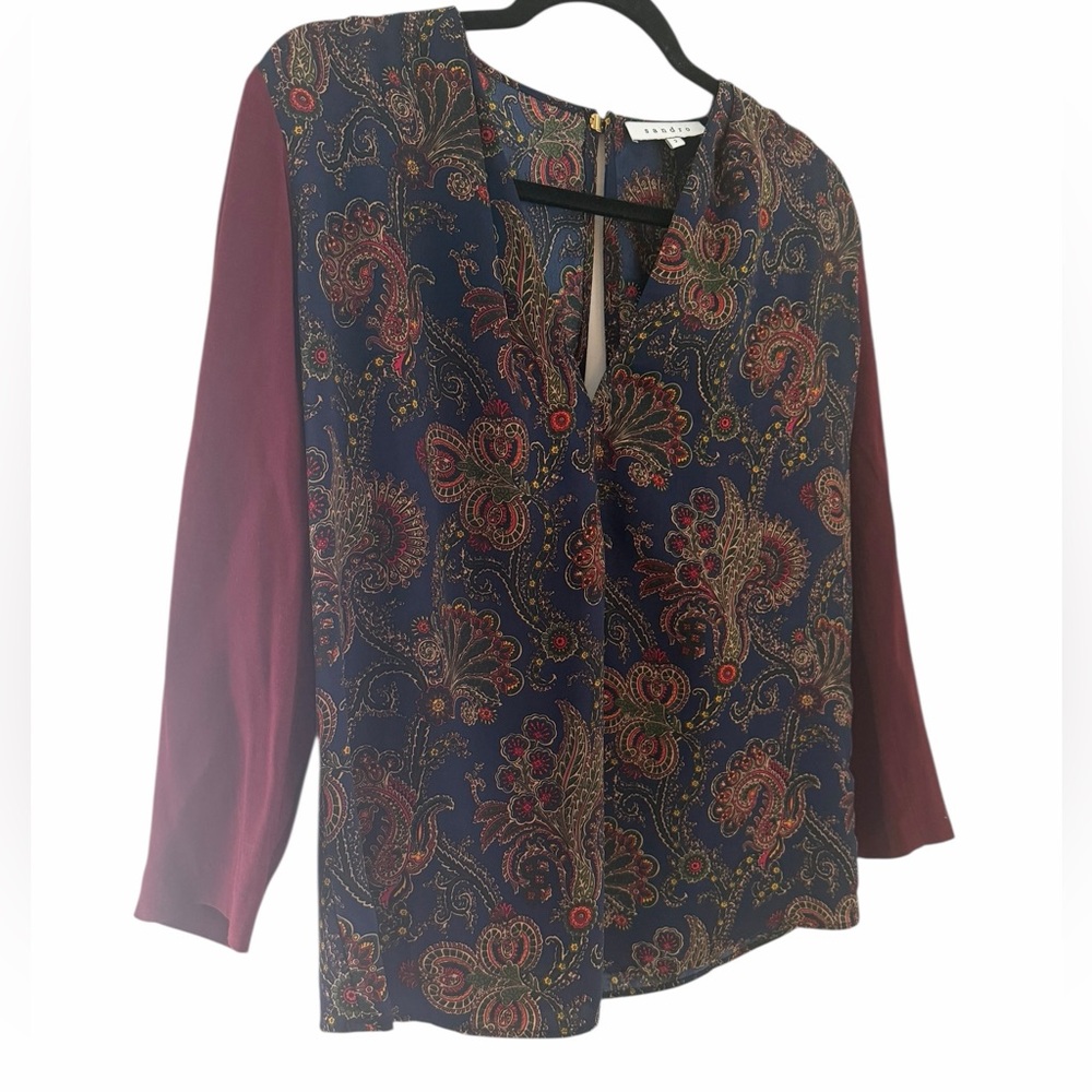 Sandro Paris paisley print blouse size 2 navy burgundy‎